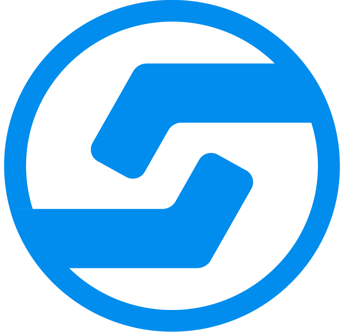 Blaues, modernes Logo mit stilisierten, kreisförmig angeordneten Händen, vermittelt Professionalität.